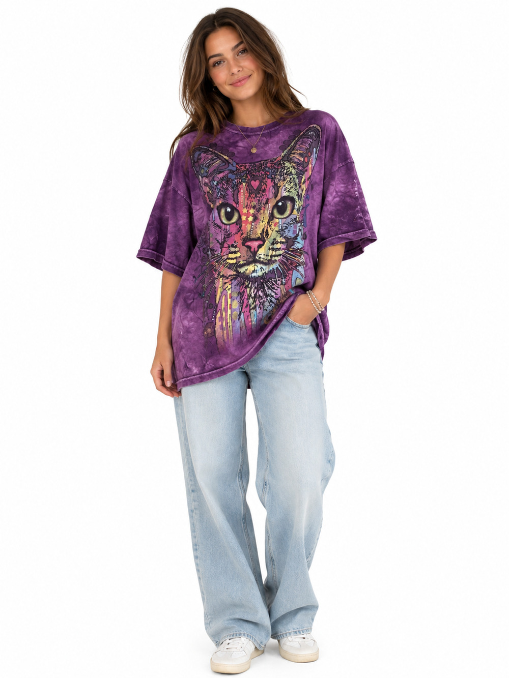 The Mountain Mt Pisgah NC Elev 5721 Tie Dye Cat Purple T Shirt Short Sleeve sz L